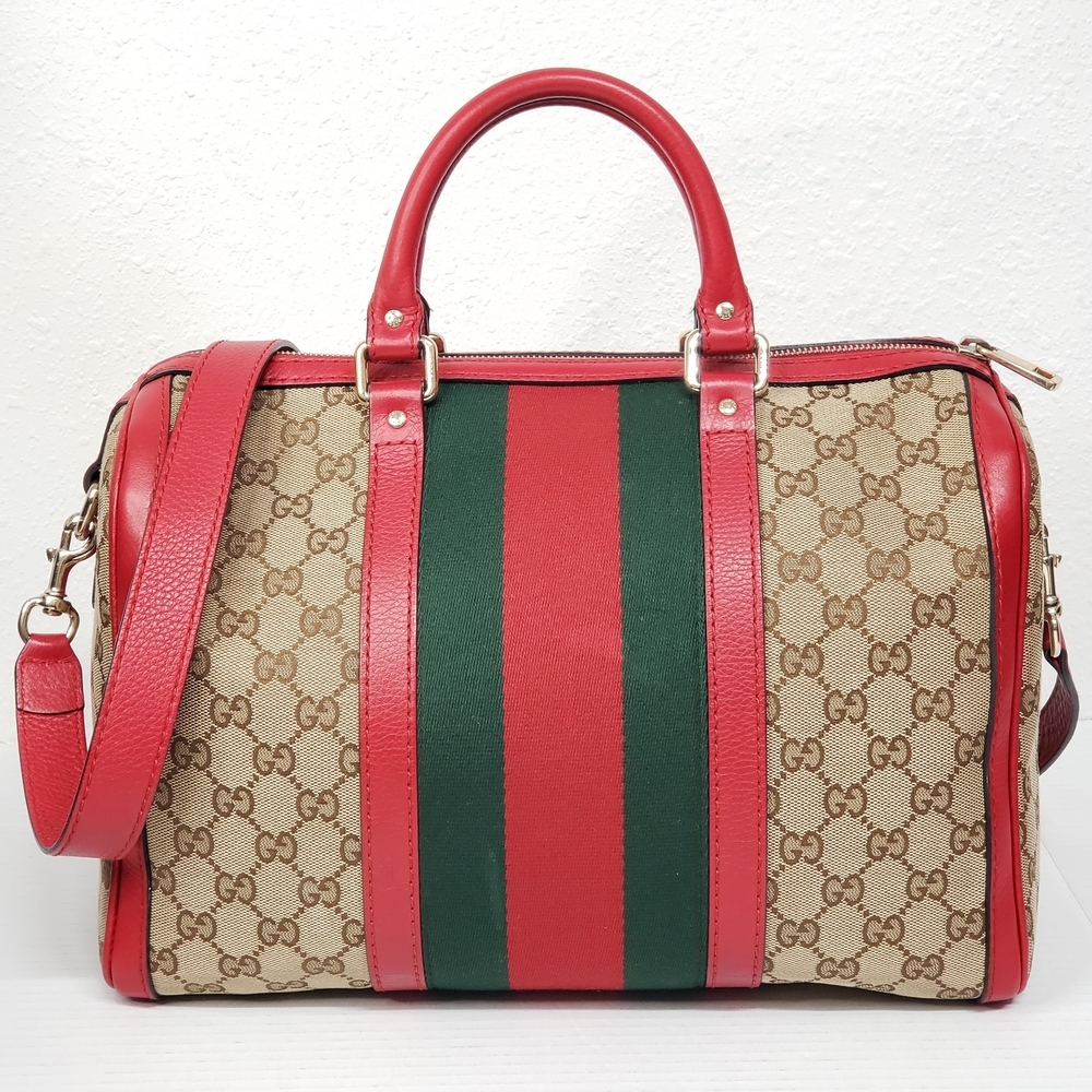 Authentic Gucci Boston GG Supreme Web Stripe Red Leather Satchel Bag - Picture 2 of 16